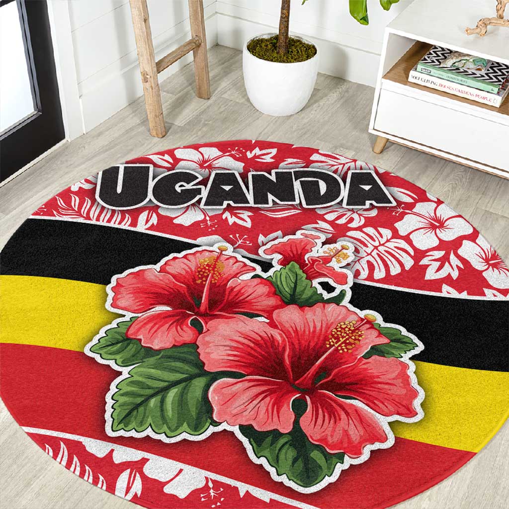 Uganda Round Carpet - Red Hibiscus Flowers and National Flag Design TS04