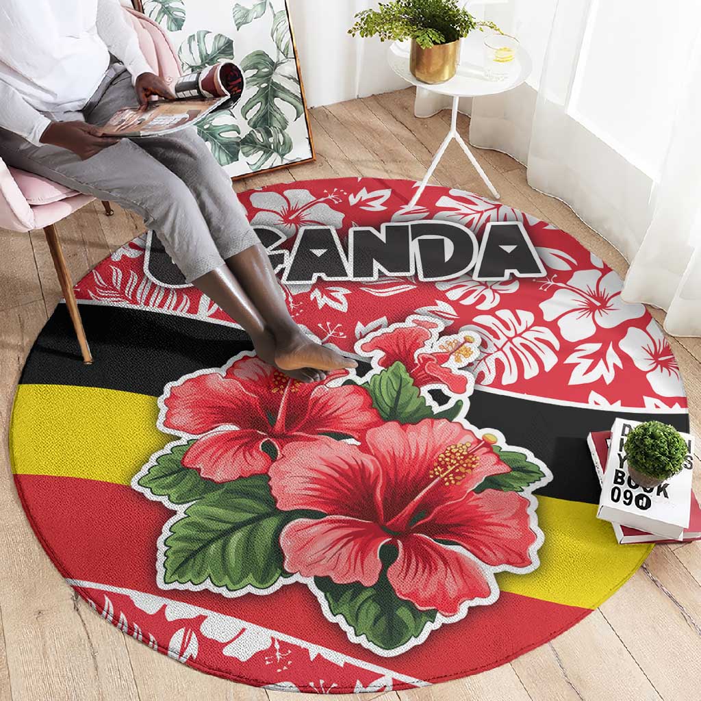 Uganda Round Carpet - Red Hibiscus Flowers and National Flag Design TS04