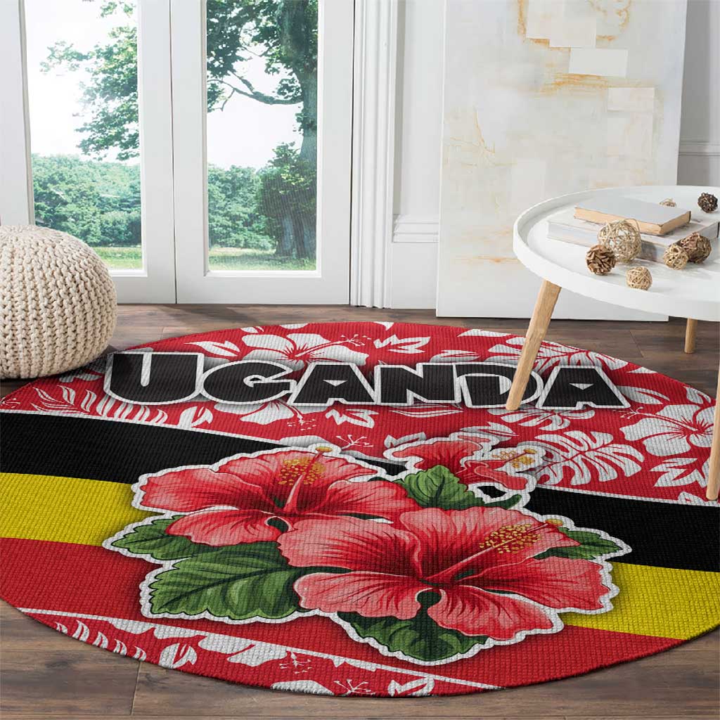 Uganda Round Carpet - Red Hibiscus Flowers and National Flag Design TS04