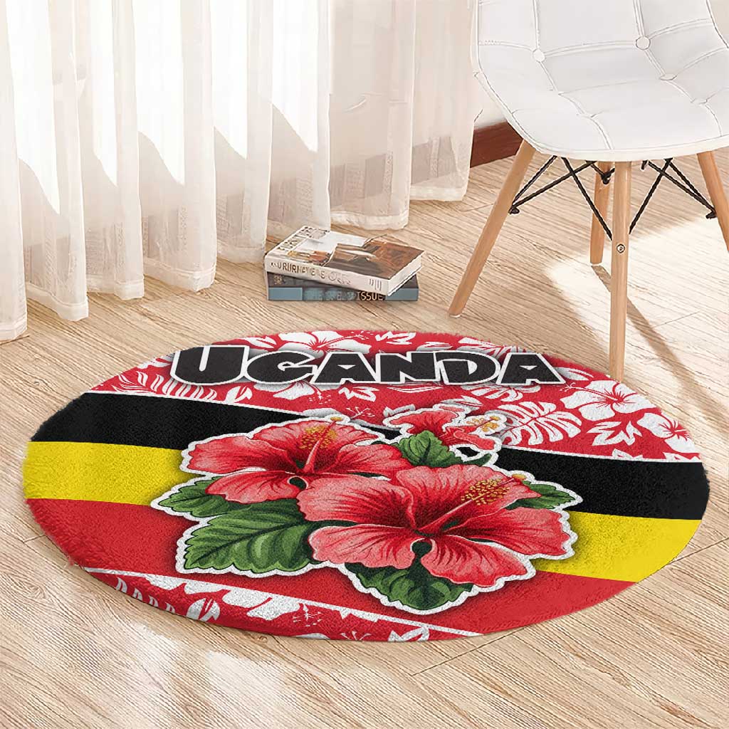 Uganda Round Carpet - Red Hibiscus Flowers and National Flag Design TS04
