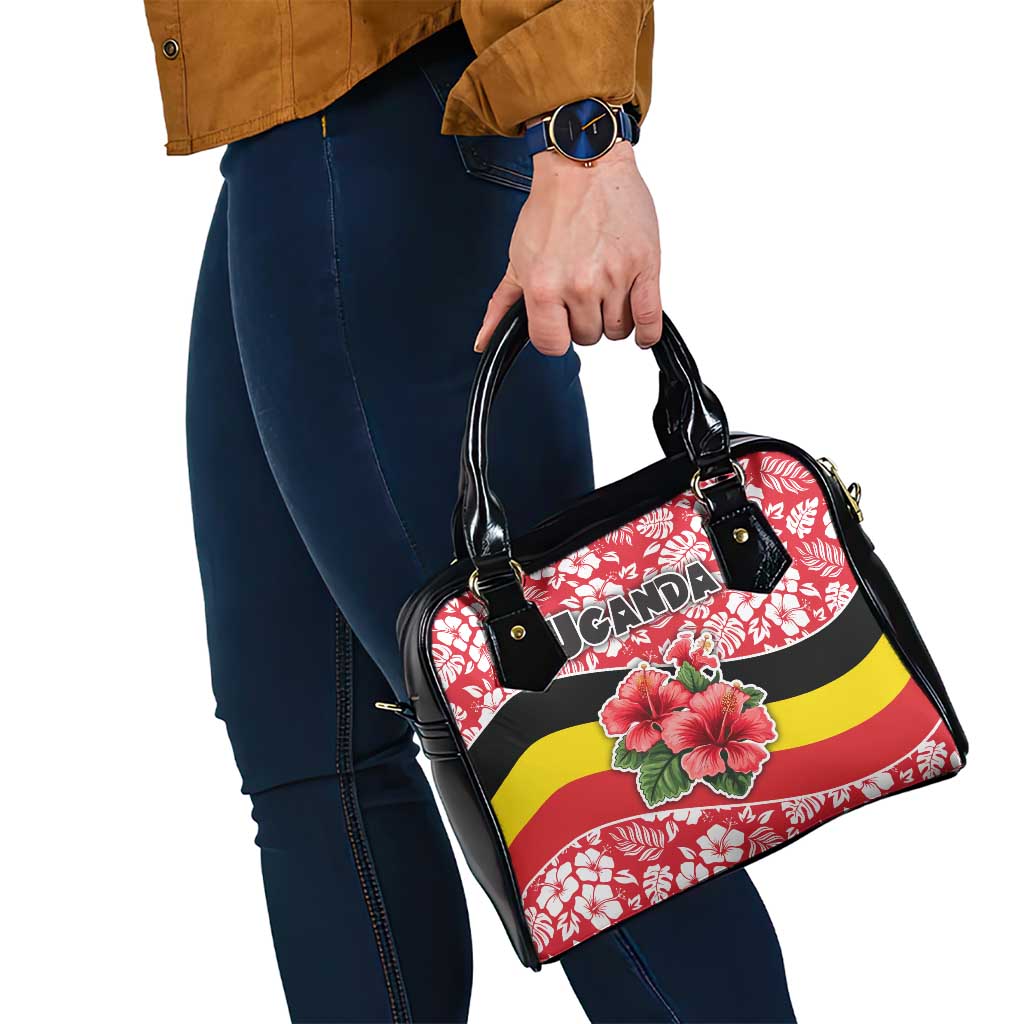 Uganda Shoulder Handbag with Red Hibiscus Flowers and National Flag Design TS04