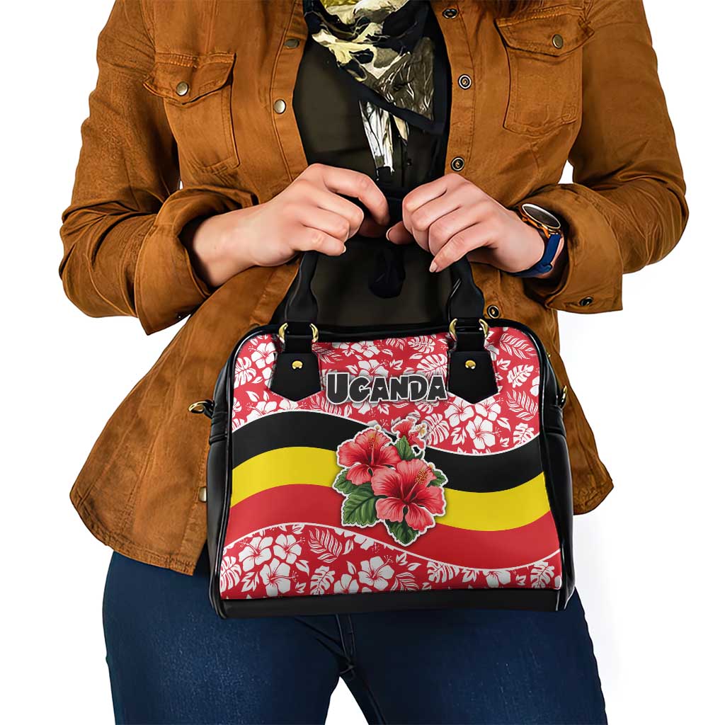 Uganda Shoulder Handbag with Red Hibiscus Flowers and National Flag Design TS04