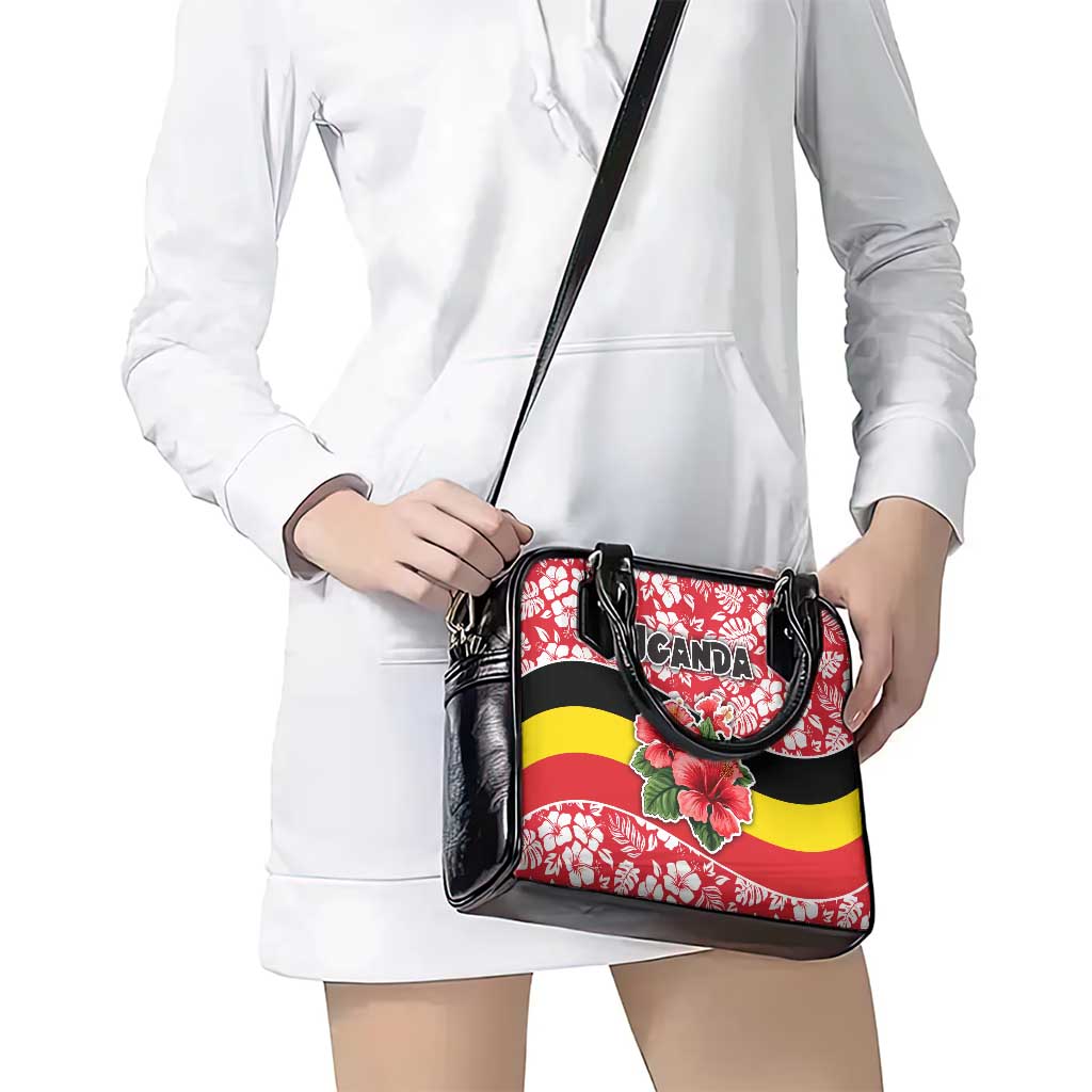 Uganda Shoulder Handbag with Red Hibiscus Flowers and National Flag Design TS04