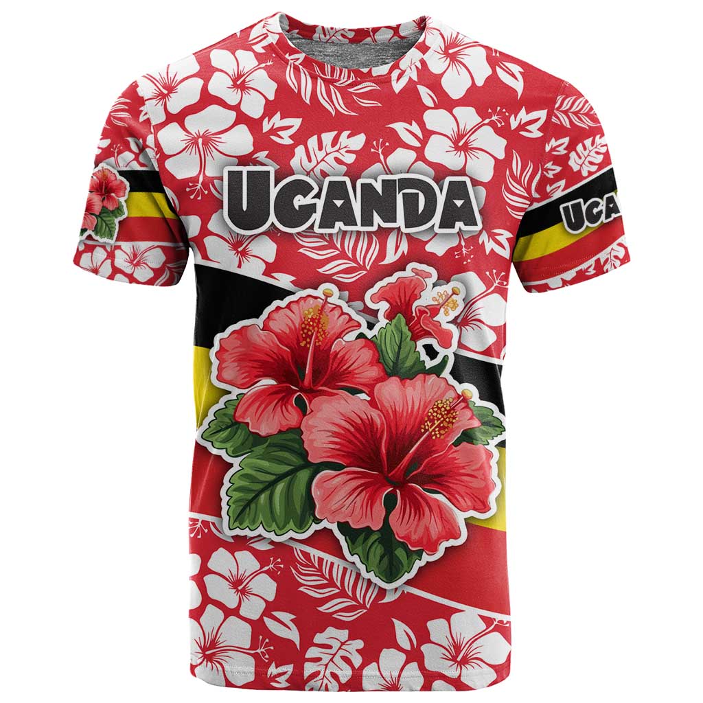 Uganda T shirt - Red Hibiscus Flowers and National Flag Design TS04