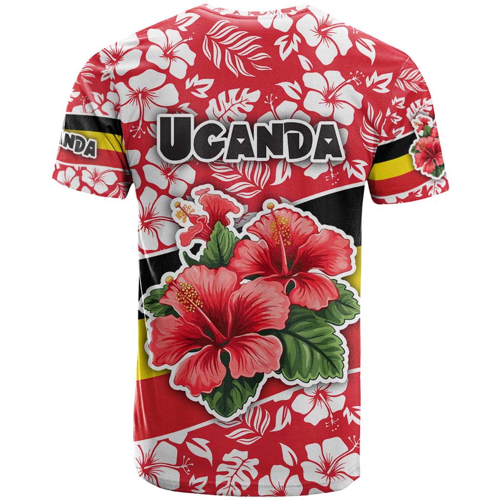 Uganda T shirt - Red Hibiscus Flowers and National Flag Design TS04