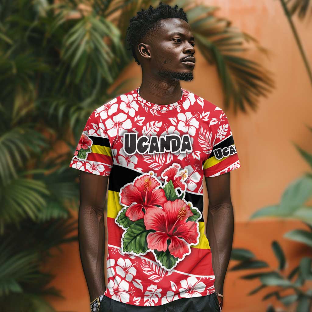 Uganda T shirt - Red Hibiscus Flowers and National Flag Design TS04