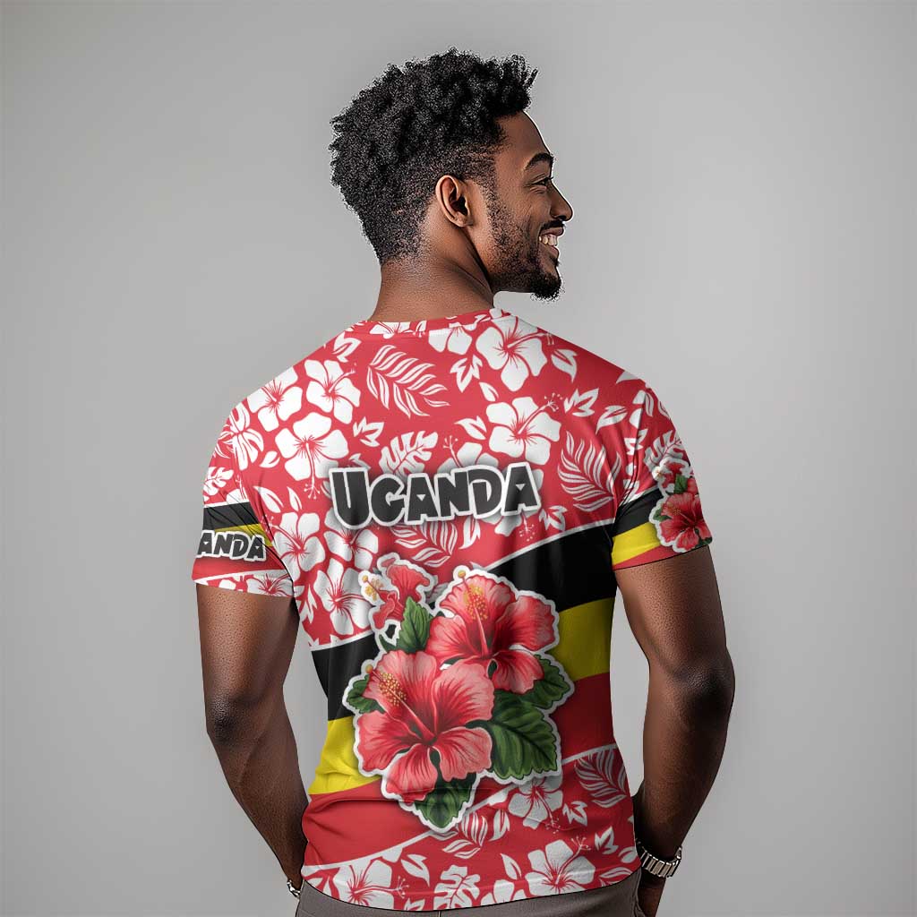 Uganda T shirt - Red Hibiscus Flowers and National Flag Design TS04