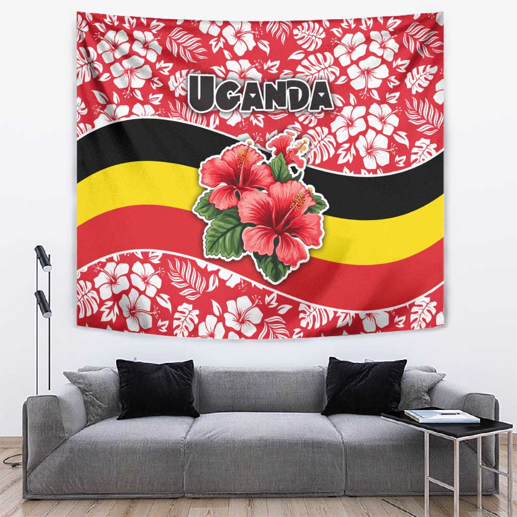 Uganda Tapestry - Red Hibiscus Flowers and National Flag Design TS04