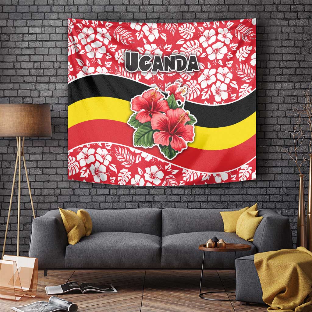 Uganda Tapestry - Red Hibiscus Flowers and National Flag Design TS04