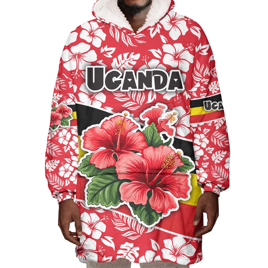 Uganda Wearable Blanket Hoodie - Red Hibiscus Flowers and National Flag Design TS04