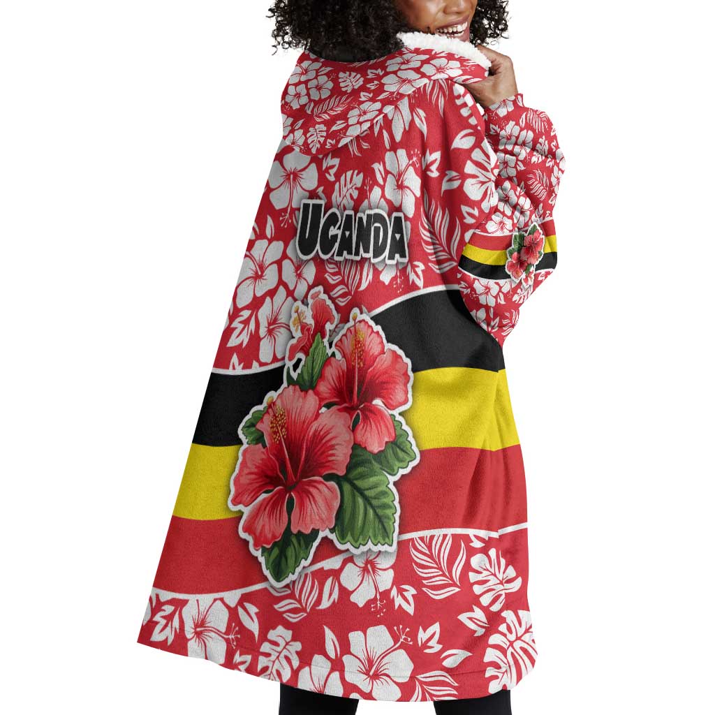 Uganda Wearable Blanket Hoodie - Red Hibiscus Flowers and National Flag Design TS04
