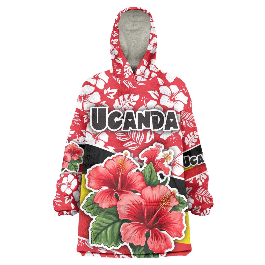 Uganda Wearable Blanket Hoodie - Red Hibiscus Flowers and National Flag Design TS04
