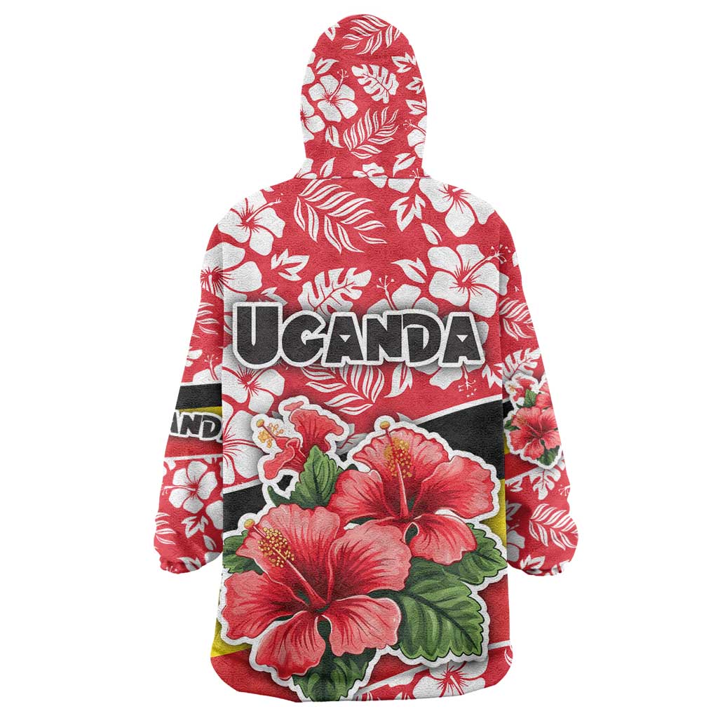Uganda Wearable Blanket Hoodie - Red Hibiscus Flowers and National Flag Design TS04