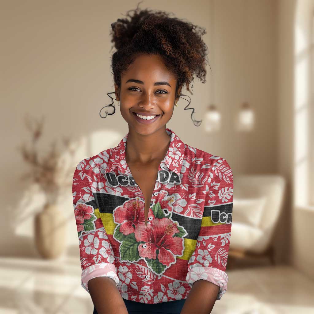 Uganda Women Casual Shirt - Red Hibiscus Flowers and National Flag Design TS04