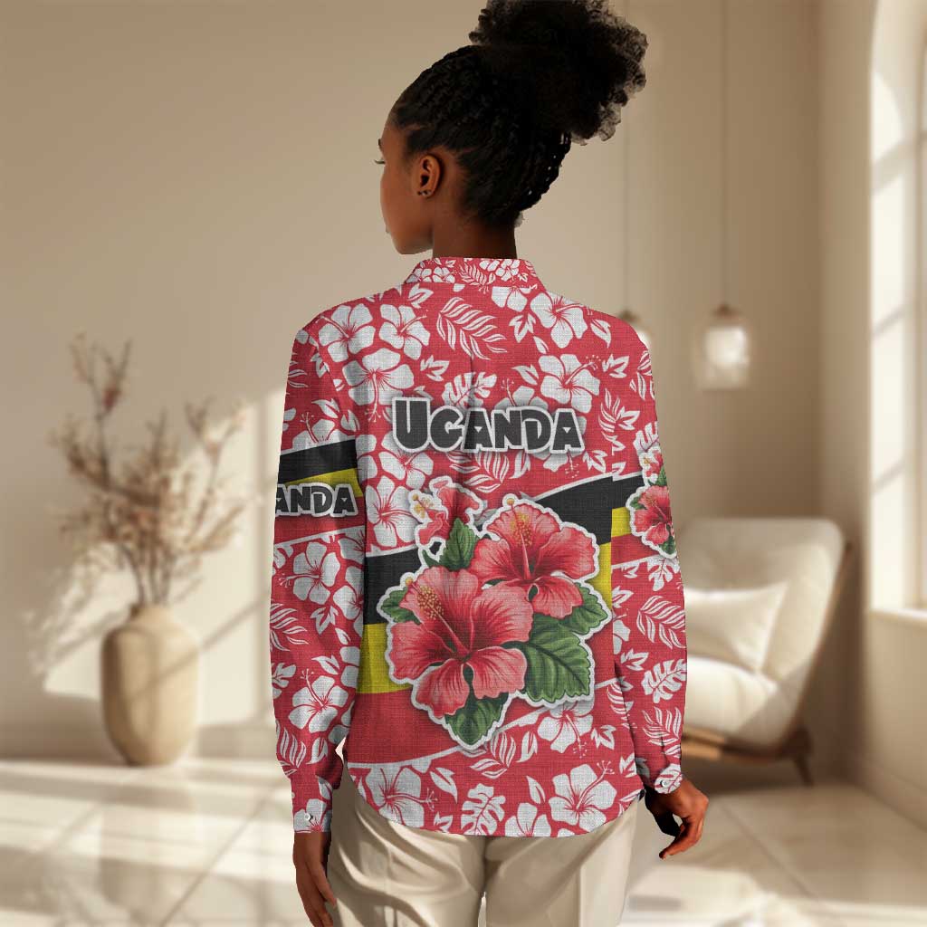 Uganda Women Casual Shirt - Red Hibiscus Flowers and National Flag Design TS04