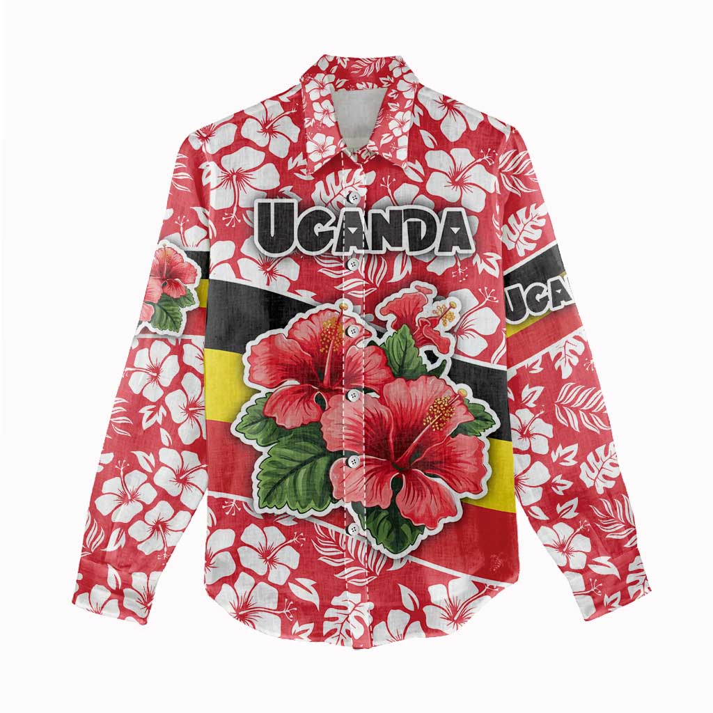 Uganda Women Casual Shirt - Red Hibiscus Flowers and National Flag Design TS04