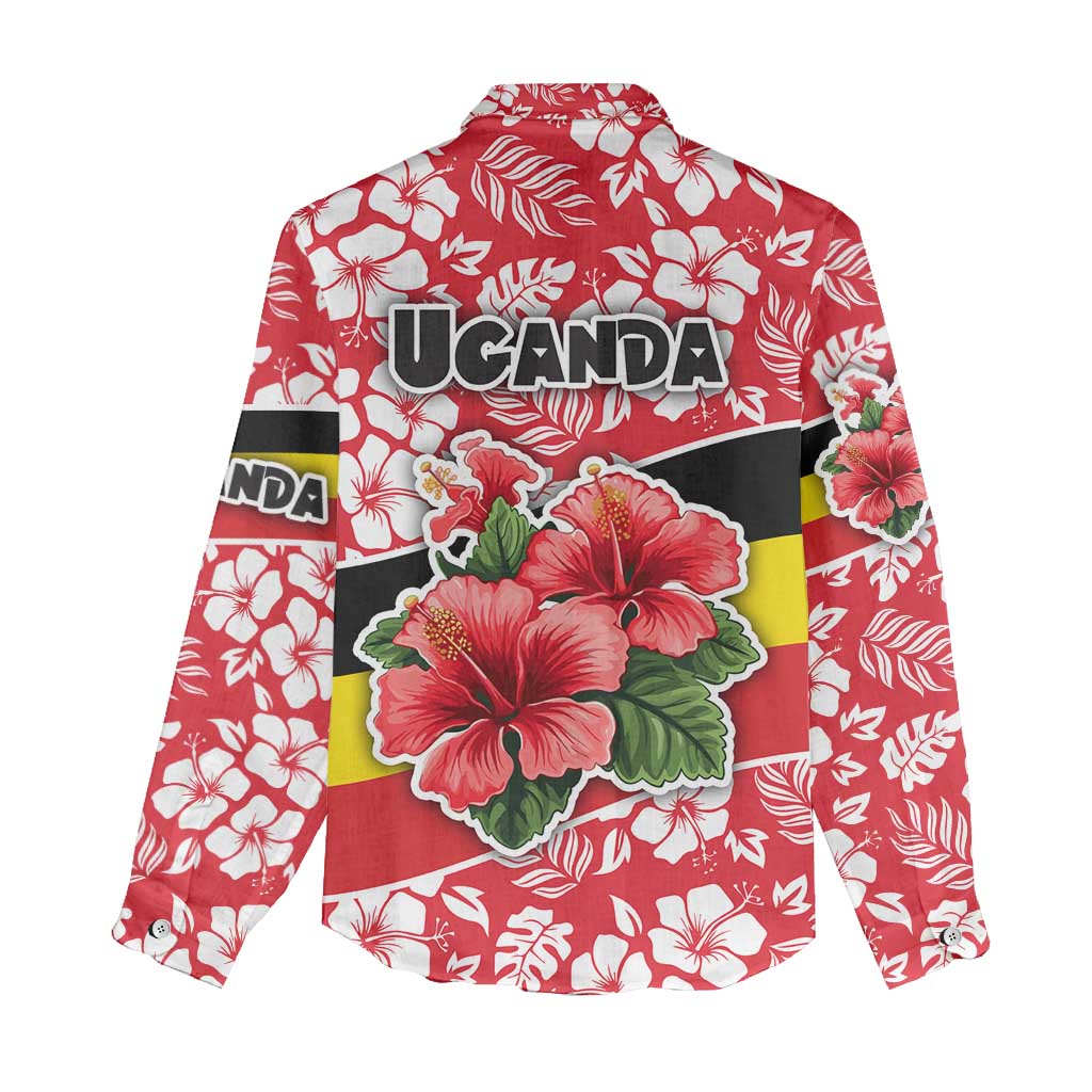 Uganda Women Casual Shirt - Red Hibiscus Flowers and National Flag Design TS04