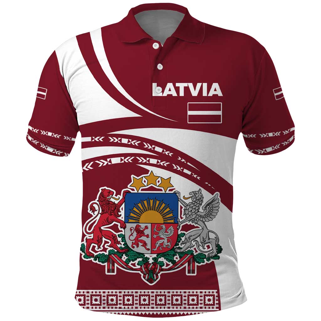 Latvia Polo Shirt with National Coat of Arms and Traditional Folk Patterns TS04