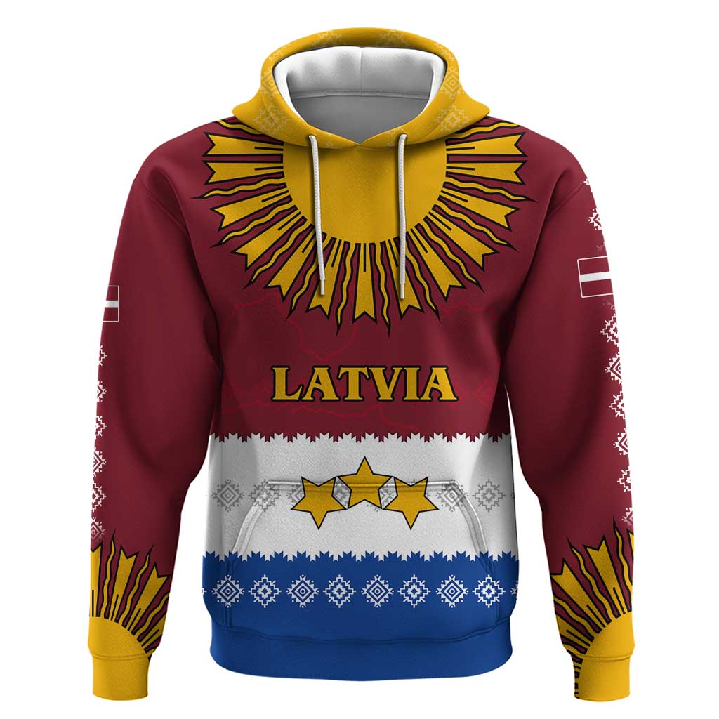 Latvia Hoodie with Three Stars Design and Traditional Pattern Details TS04
