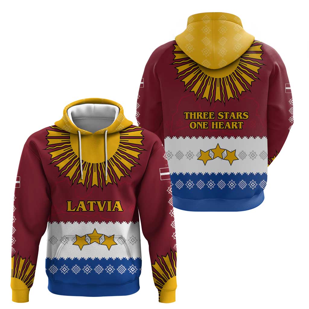 Latvia Hoodie with Three Stars Design and Traditional Pattern Details TS04