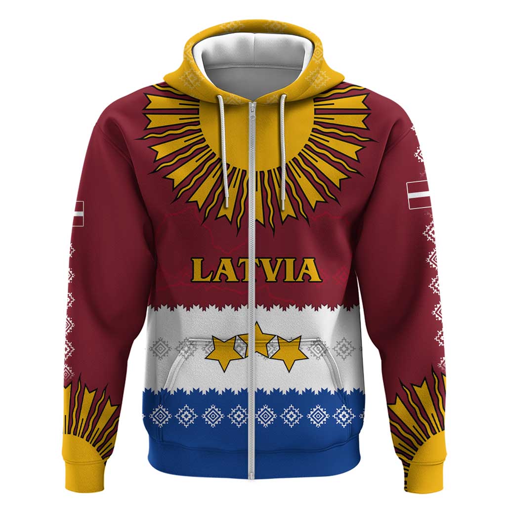 Latvia Hoodie with Three Stars Design and Traditional Pattern Details TS04