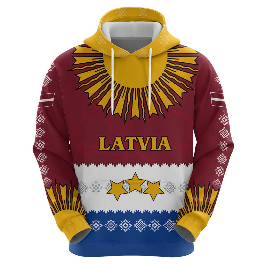 Latvia Hoodie with Three Stars Design and Traditional Pattern Details TS04