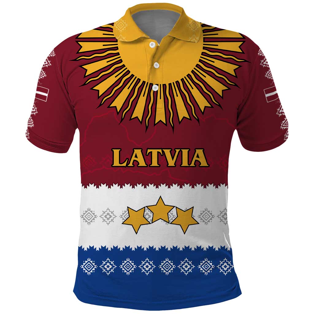 Latvia Polo Shirt with Three Stars Design and Traditional Pattern Details TS04