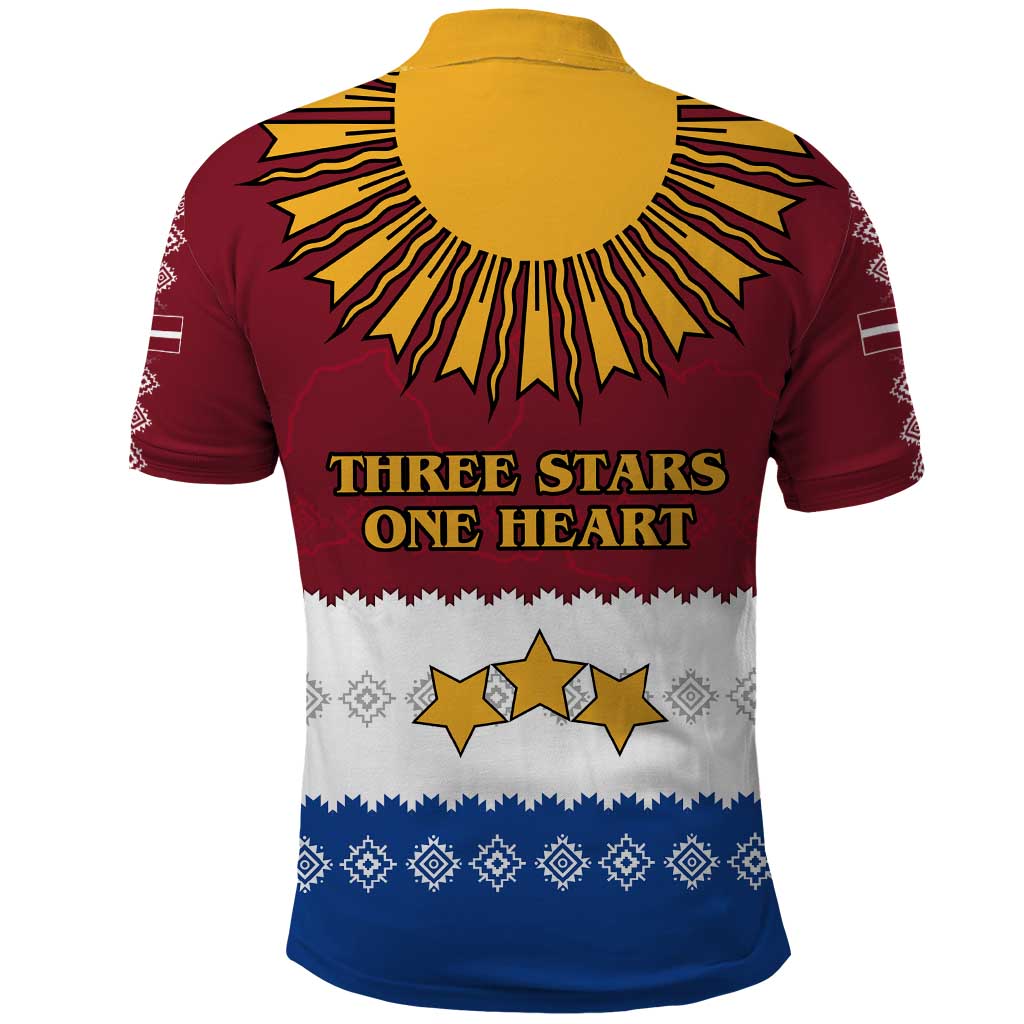 Latvia Polo Shirt with Three Stars Design and Traditional Pattern Details TS04