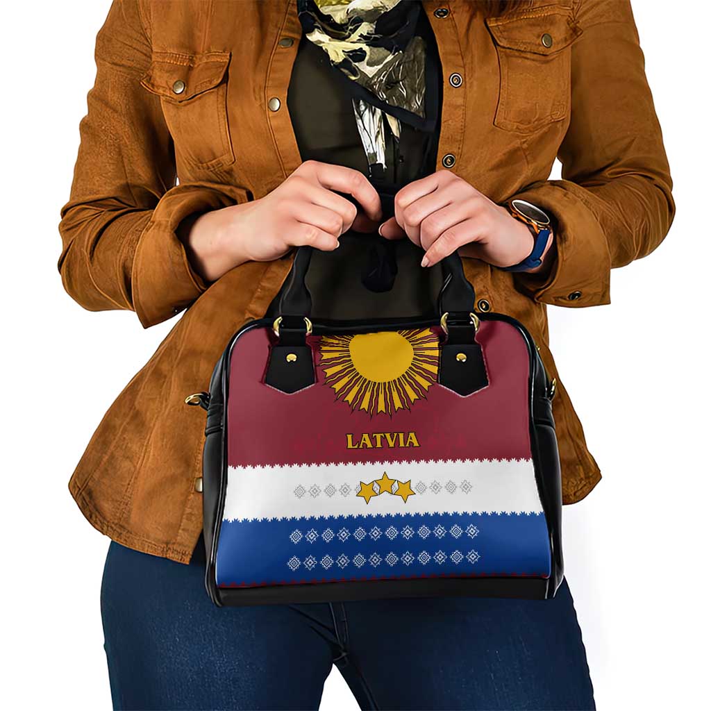 Latvia Shoulder Handbag with Three Stars Design and Traditional Pattern Details TS04
