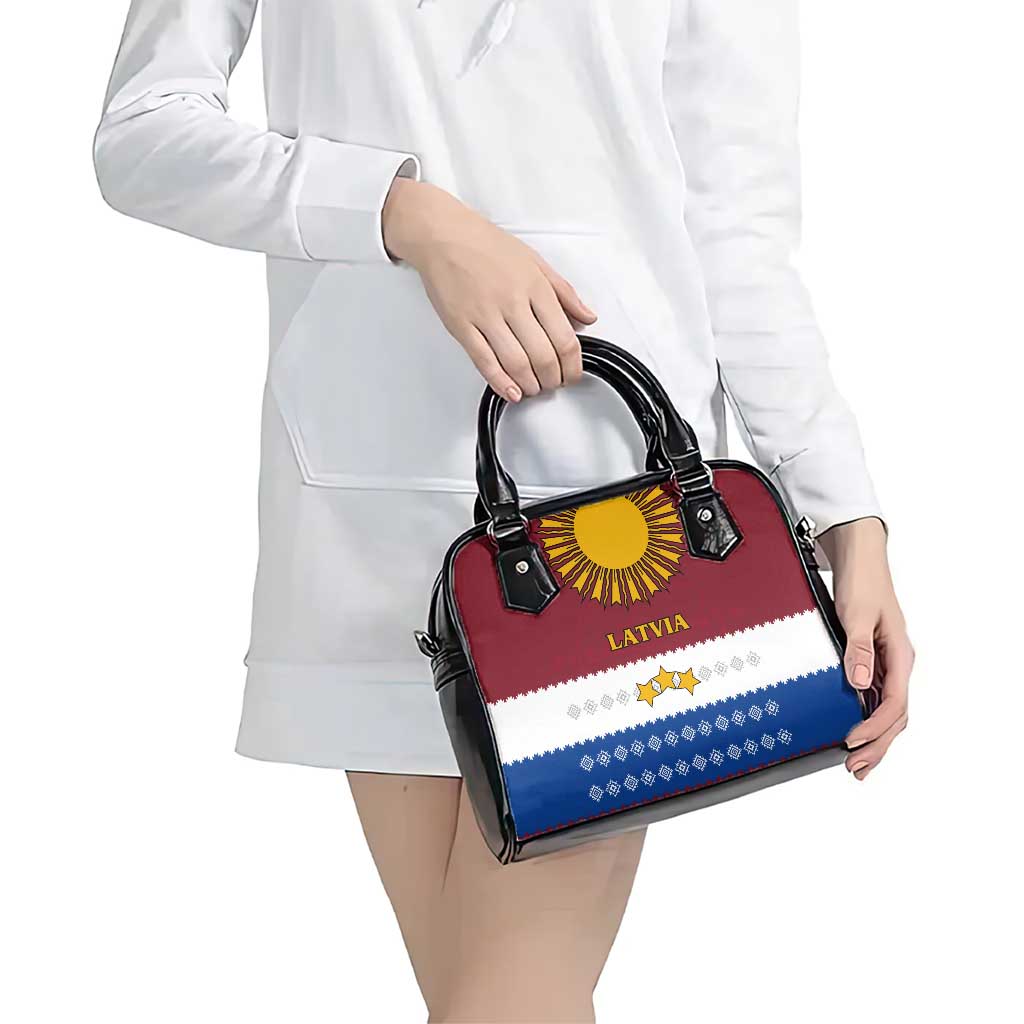 Latvia Shoulder Handbag with Three Stars Design and Traditional Pattern Details TS04