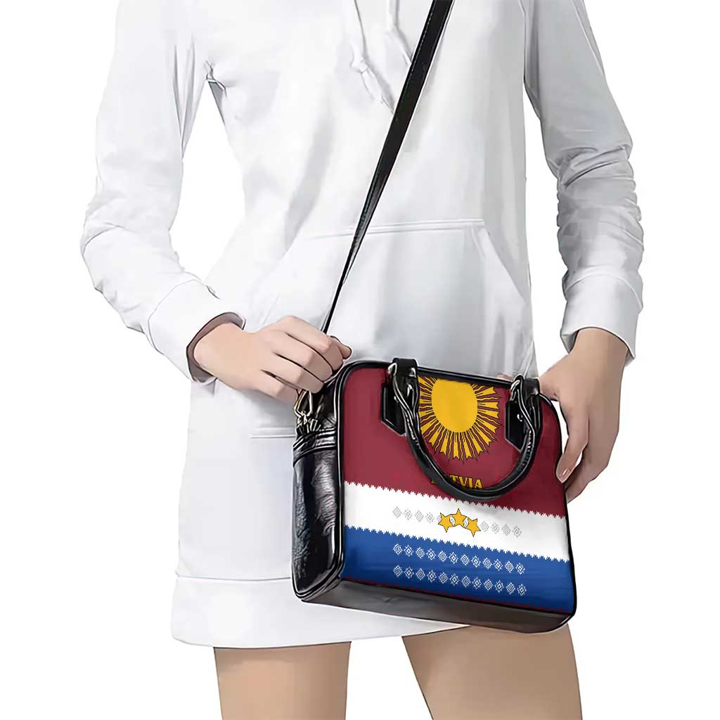 Latvia Shoulder Handbag with Three Stars Design and Traditional Pattern Details TS04