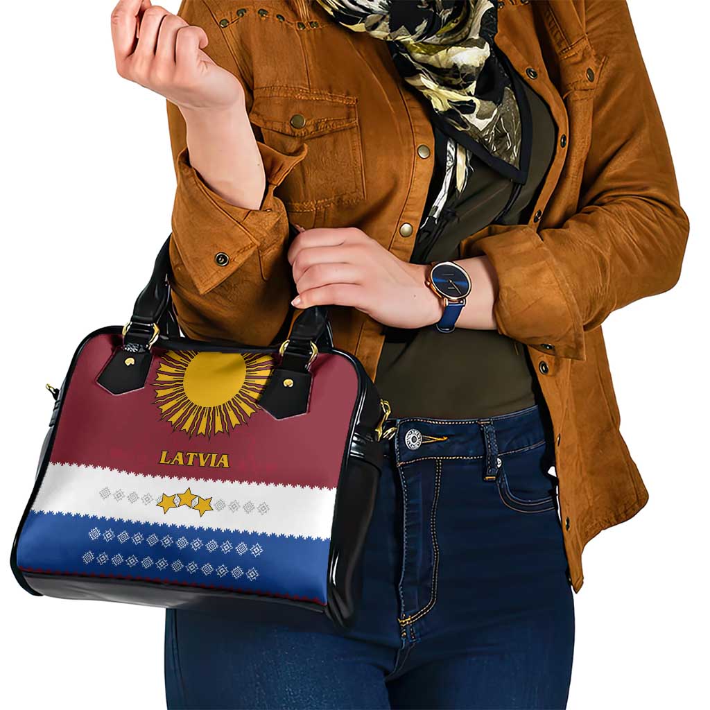Latvia Shoulder Handbag with Three Stars Design and Traditional Pattern Details TS04