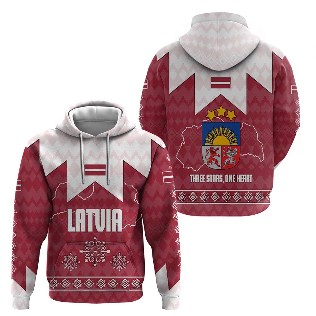 Latvia Hoodie with National Coat of Arms and Knit Pattern Three Stars One Heart Design TS04