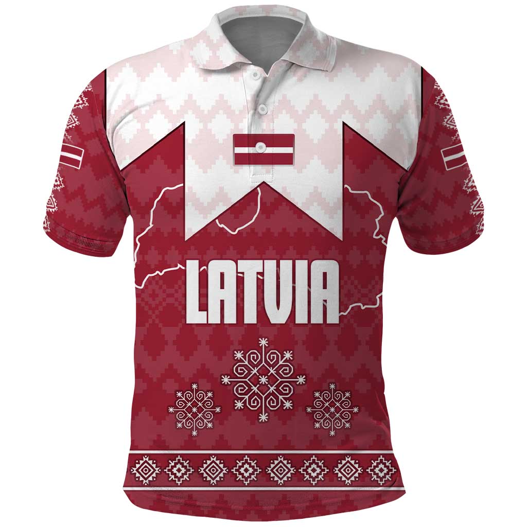 Latvia Polo Shirt with National Coat of Arms and Knit Pattern  Three Stars One Heart Design TS04