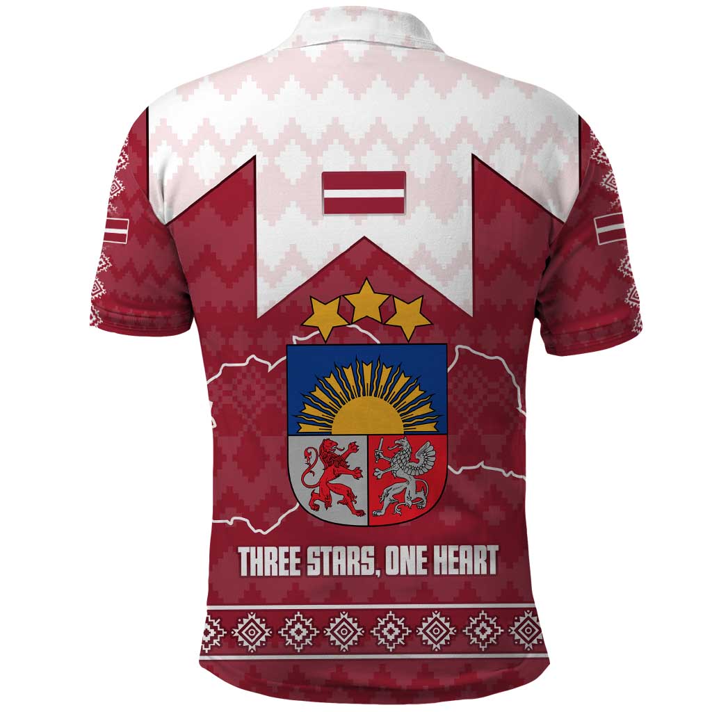 Latvia Polo Shirt with National Coat of Arms and Knit Pattern  Three Stars One Heart Design TS04