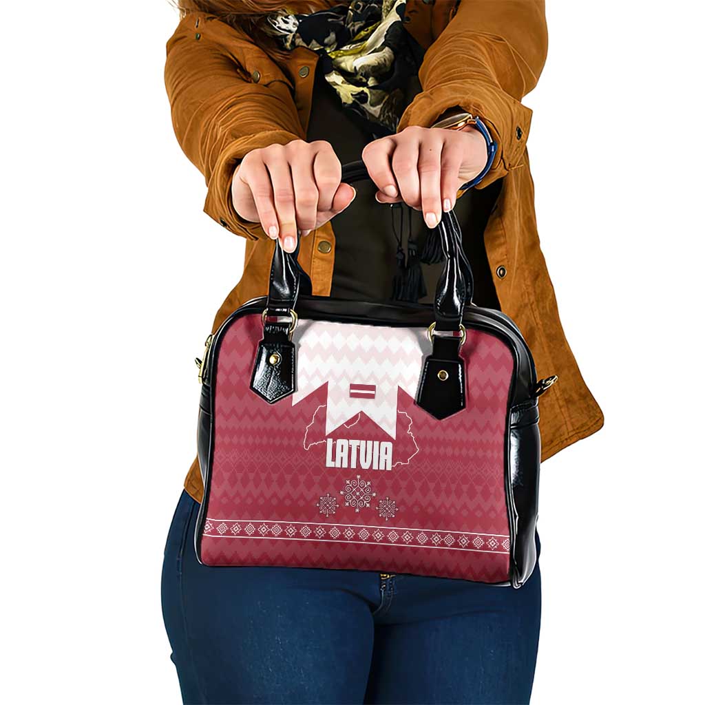 Latvia Shoulder Handbag with National Coat of Arms and Knit Pattern  Three Stars One Heart Design TS04