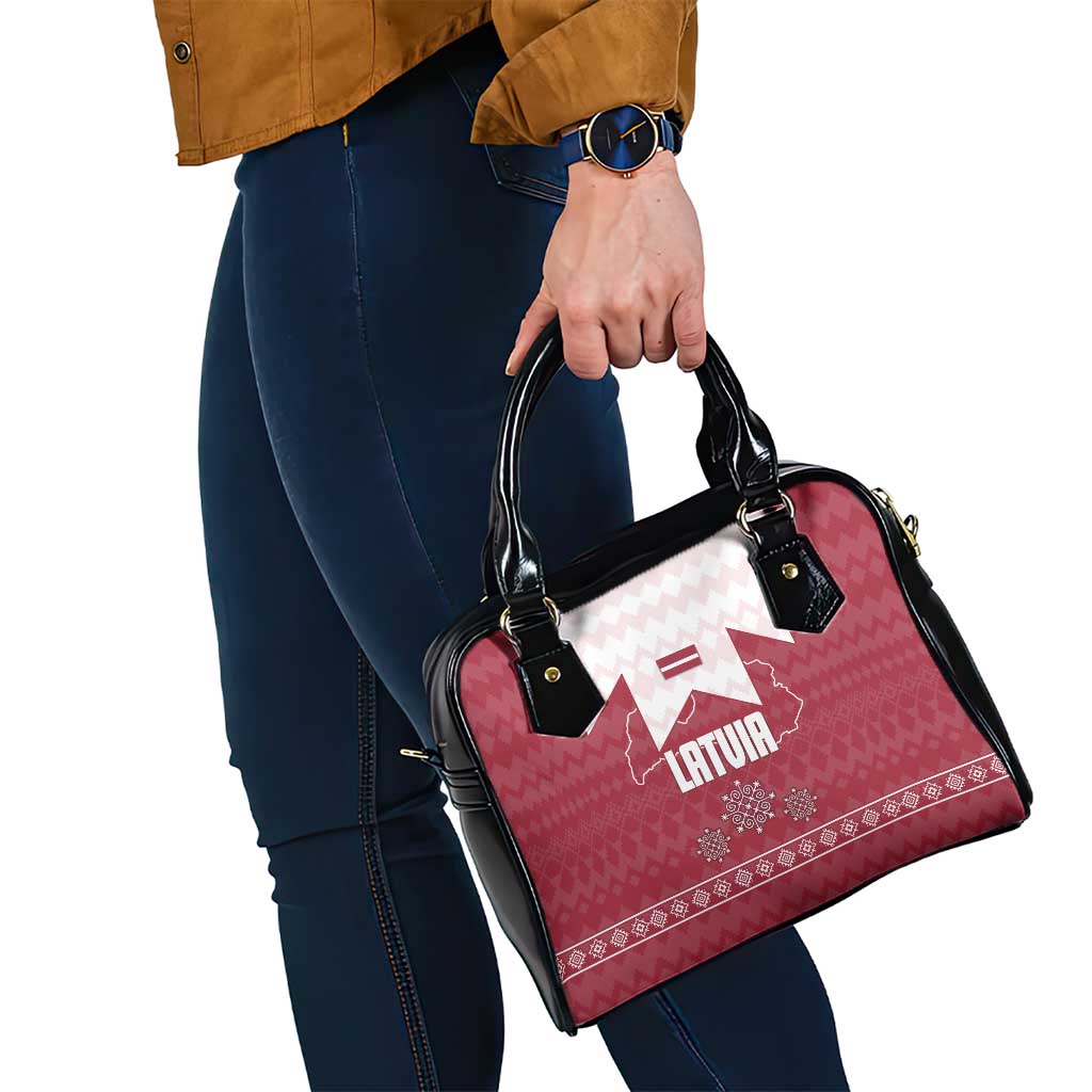 Latvia Shoulder Handbag with National Coat of Arms and Knit Pattern  Three Stars One Heart Design TS04