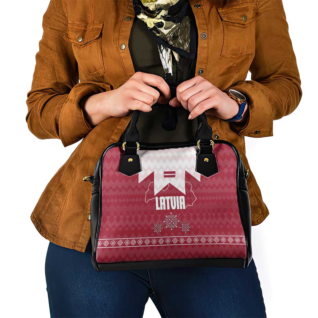 Latvia Shoulder Handbag with National Coat of Arms and Knit Pattern  Three Stars One Heart Design TS04