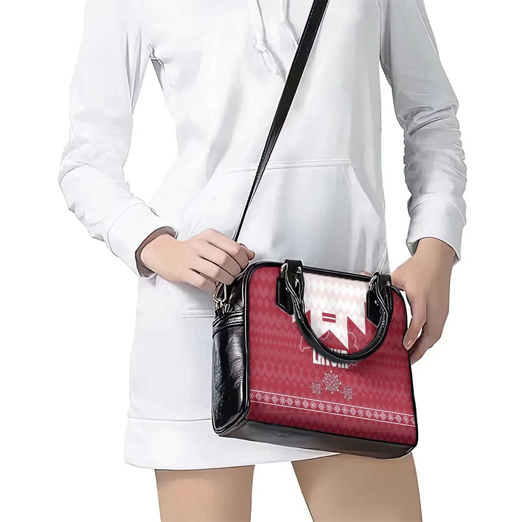 Latvia Shoulder Handbag with National Coat of Arms and Knit Pattern  Three Stars One Heart Design TS04