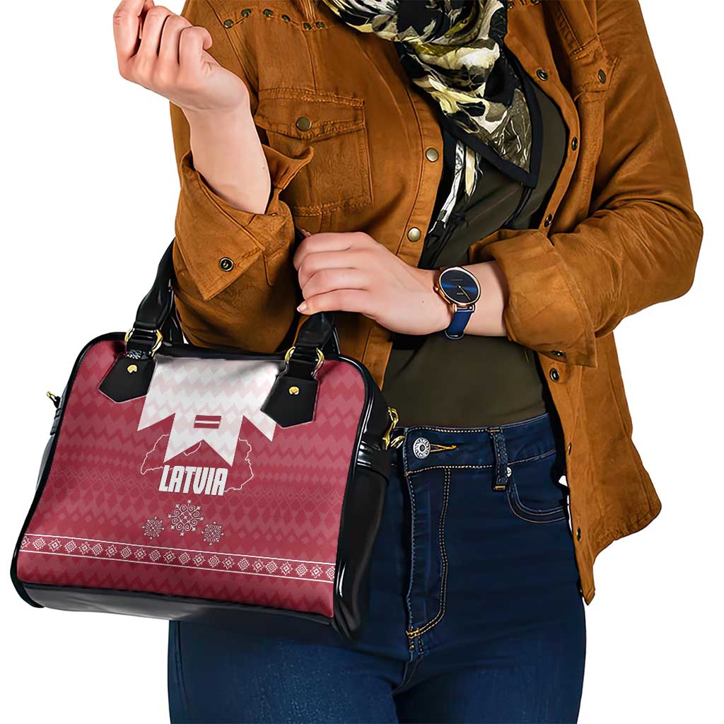 Latvia Shoulder Handbag with National Coat of Arms and Knit Pattern  Three Stars One Heart Design TS04