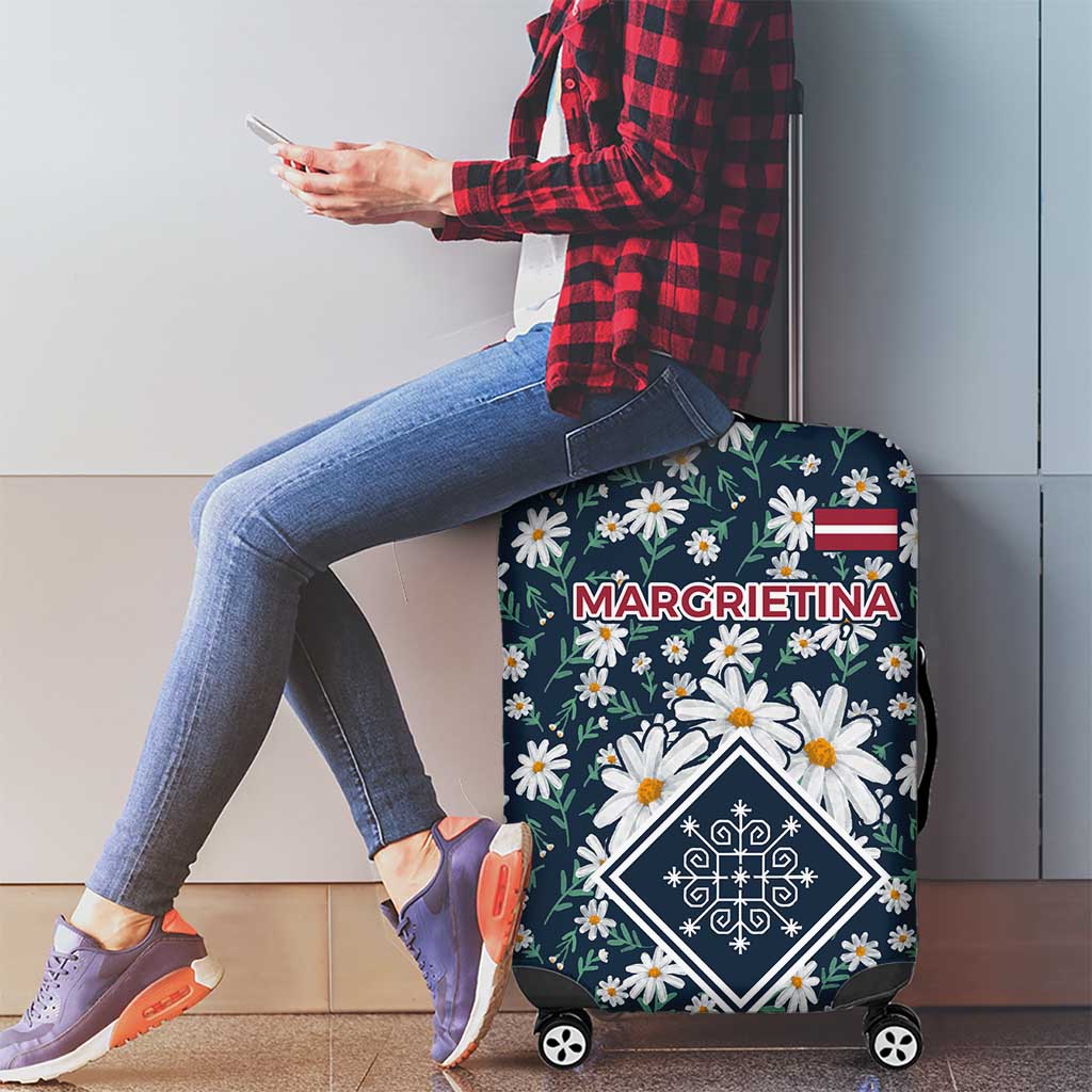 Latvia Luggage Cover with Margrietina Daisy and Ethnic Pattern  Latvia in Bloom Floral Design TS04