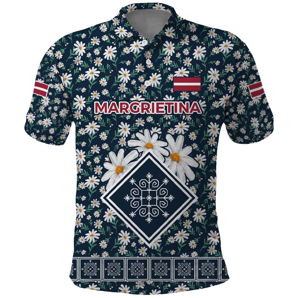 Latvia Polo Shirt with Margrietina Daisy and Ethnic Pattern  Latvia in Bloom Floral Design TS04