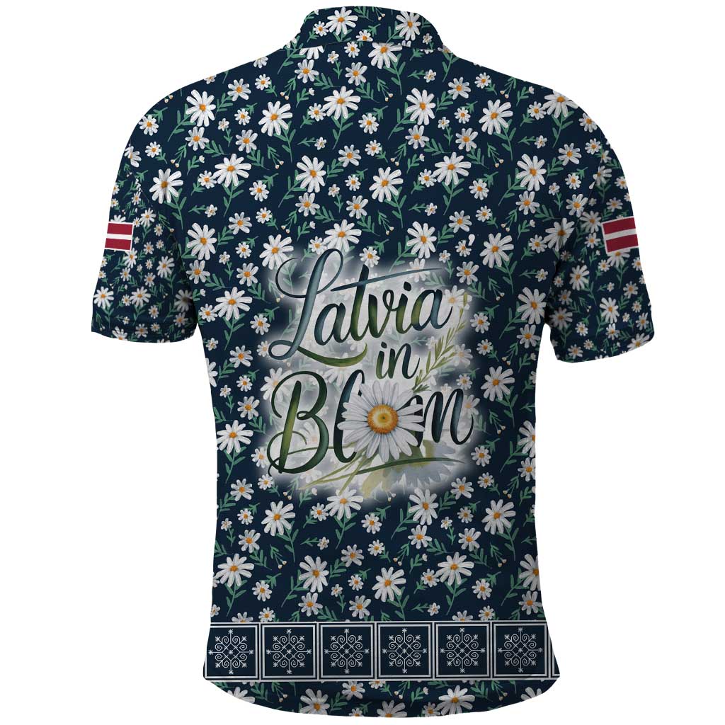 Latvia Polo Shirt with Margrietina Daisy and Ethnic Pattern  Latvia in Bloom Floral Design TS04