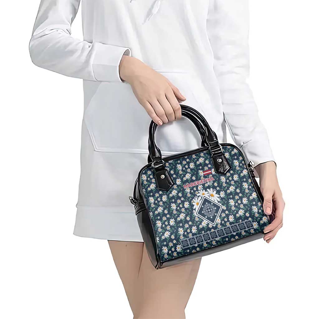 Latvia Shoulder Handbag with Margrietina Daisy and Ethnic Pattern  Latvia in Bloom Floral Design TS04