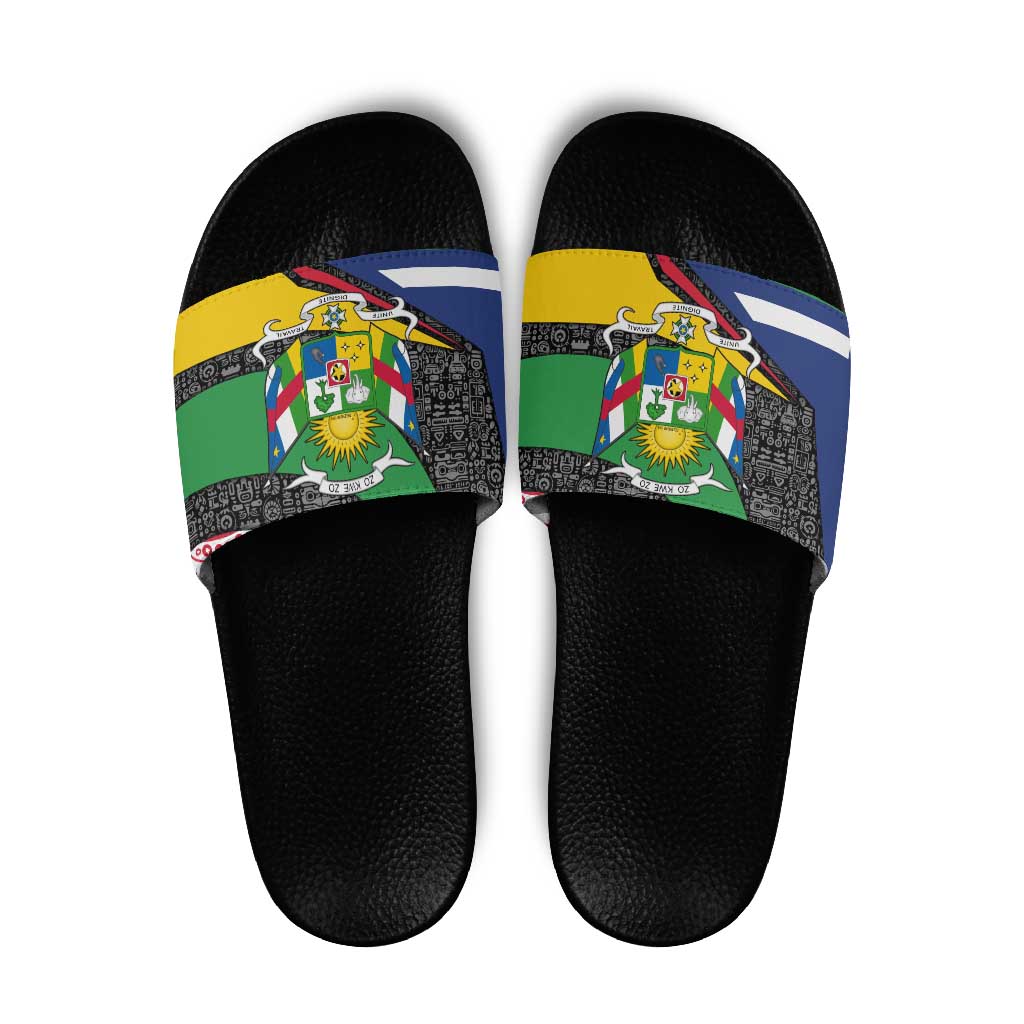 Central African Republic Slide Sandals with Multicolor Tribal Design and National Emblem TS04