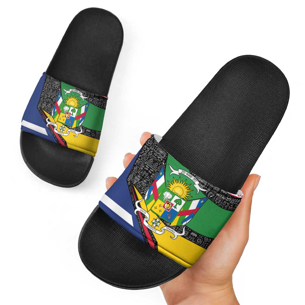Central African Republic Slide Sandals with Multicolor Tribal Design and National Emblem TS04