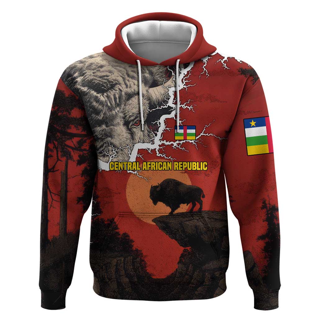 Central African Republic Hoodie with Red Black Nature Design and Buffalo Pattern TS04