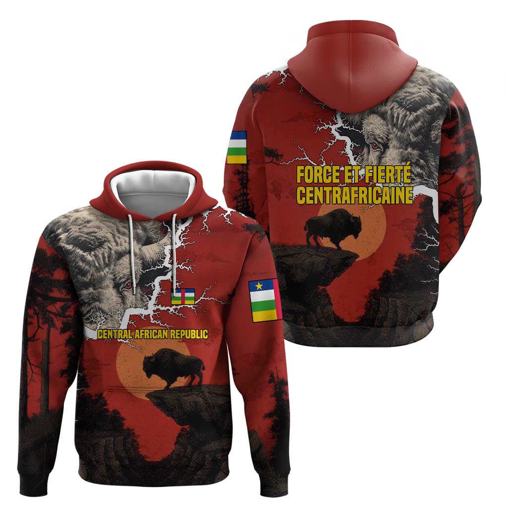 Central African Republic Hoodie with Red Black Nature Design and Buffalo Pattern TS04