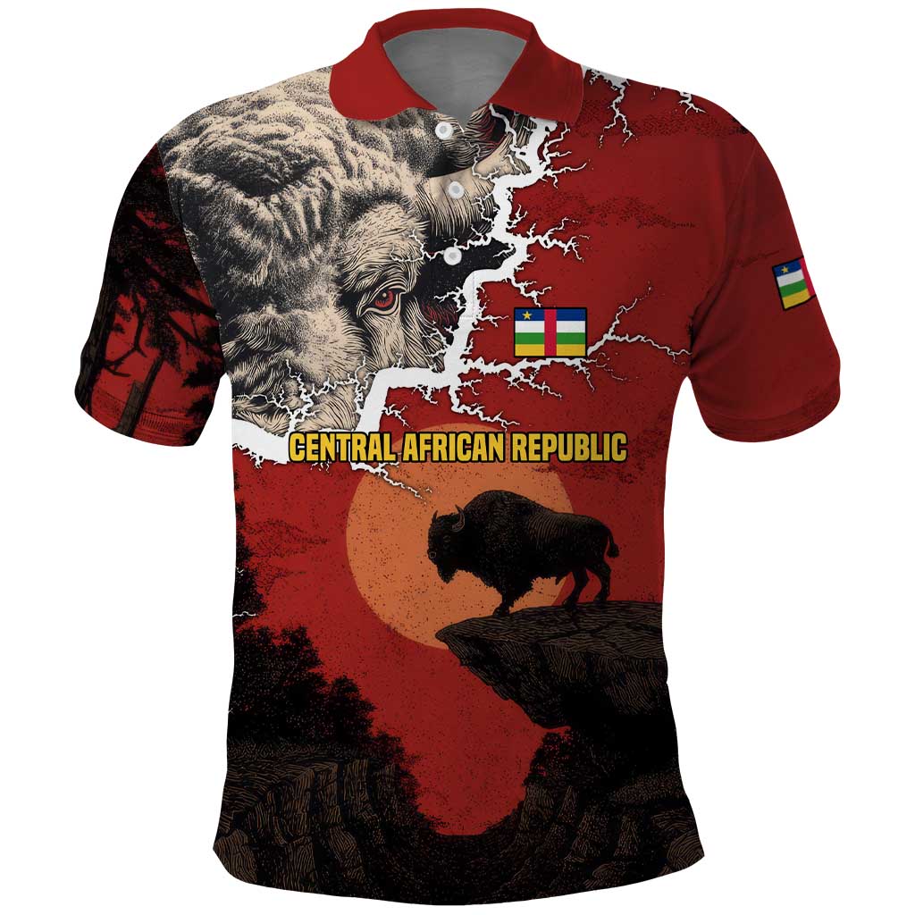 Central African Republic Polo Shirt with Red Black Nature Design and Buffalo Pattern TS04