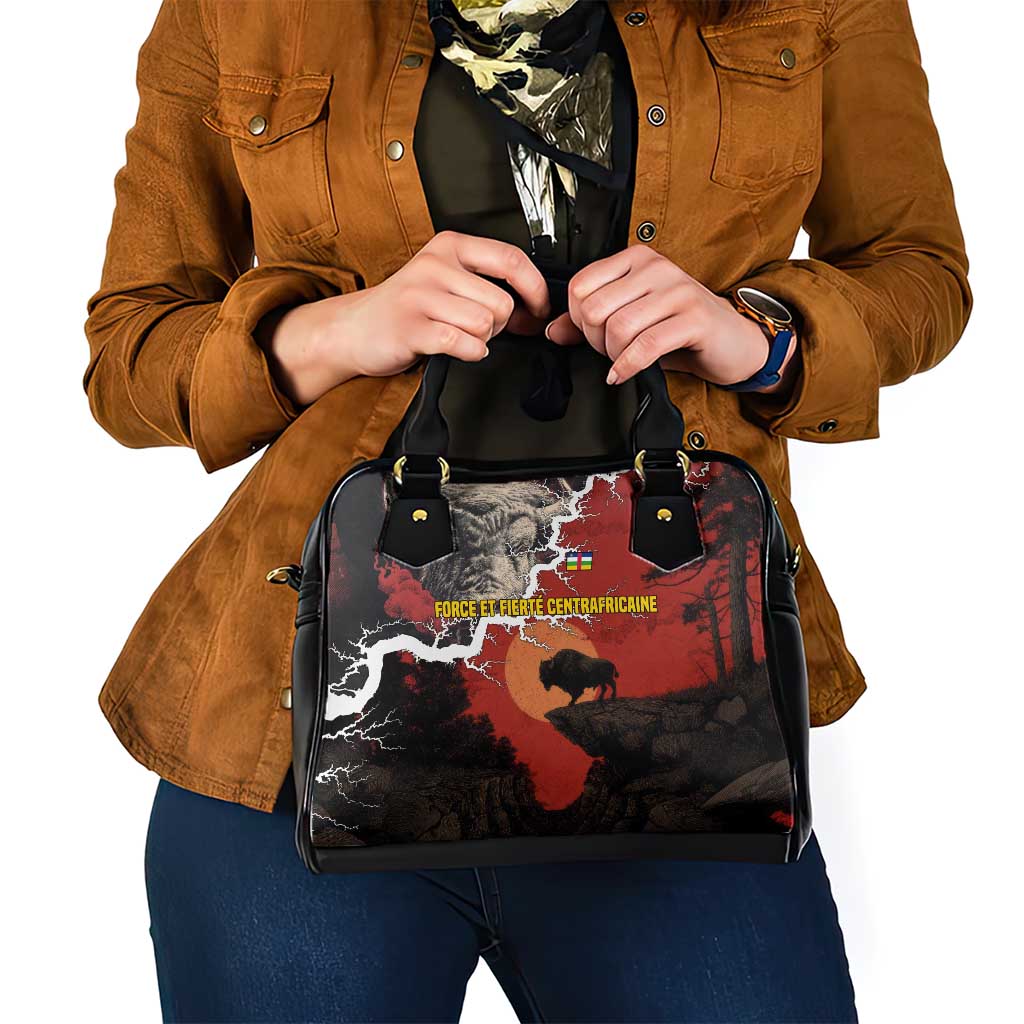 Central African Republic Shoulder Handbag with Red Black Nature Design and Buffalo Pattern TS04